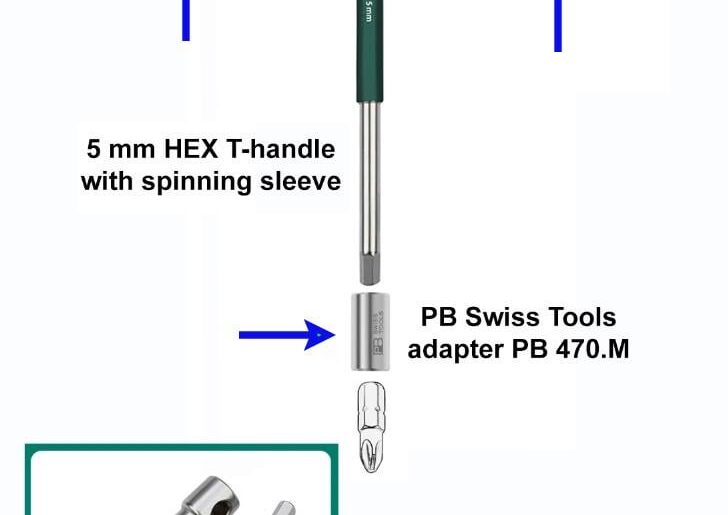 CONCEPT IDEA: a handle with sliding bar, spinning sleeve, and three 1/4" bit holders (+ adapter for sockets). Can be used  as a T-handle or as a L handle. Two holders epoxied but one free so bar can be removed for packing. Providing high torque, fast spin, and redundancy.